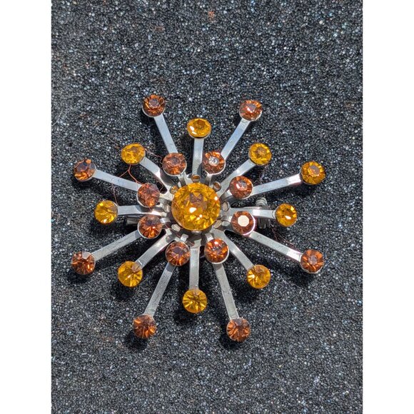 Vintage Atomic Starburst Brooch With Amber & Brown Rhinestones Silver-Tone - Picture 1 of 5